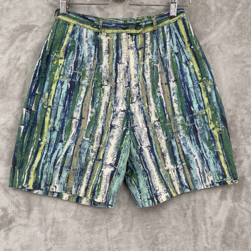 Vintage 50s 60s McMullen Green Abstract Print High Waisted Shorts Mod